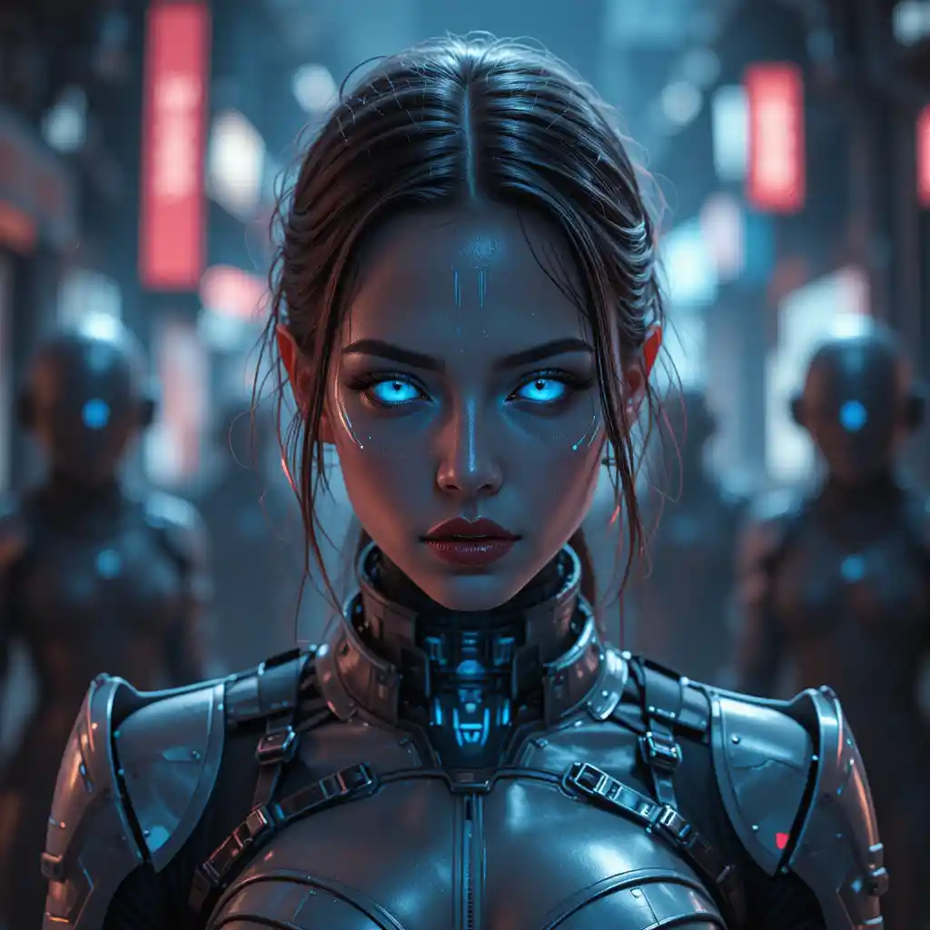 Cyberpunk female assassin in neon lit rebel hideout