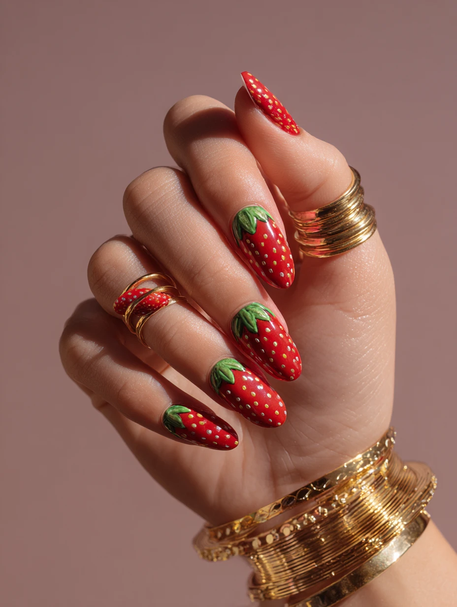 Primo piano di nail art fantasy ispirata alle fragole e gioielli dorati