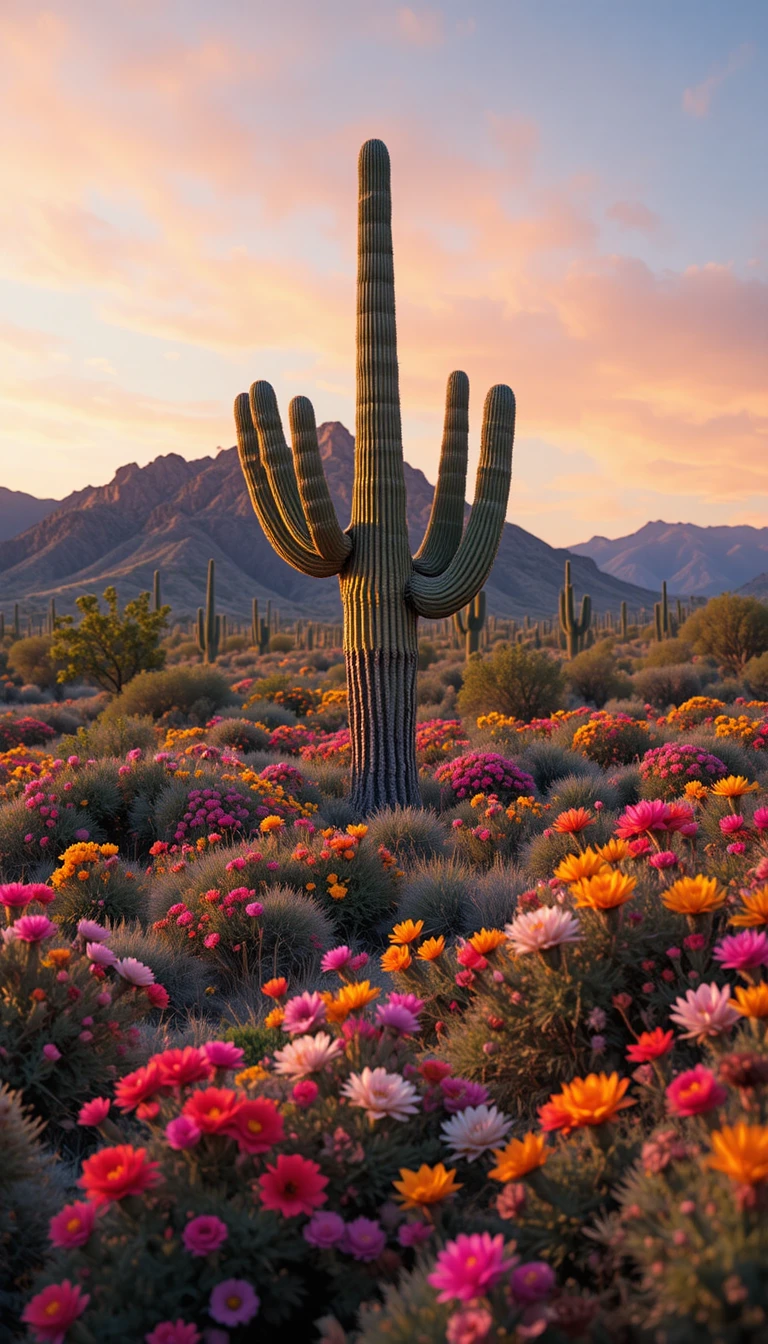 Cactus saguaro iluminado por el sol en un desierto en flor