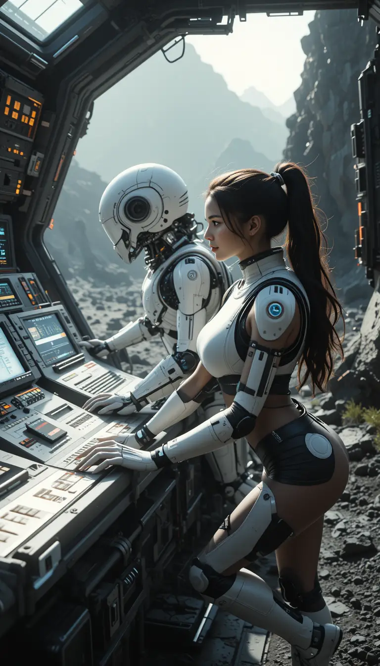 Sci fi woman and robot at futuristic outpost control panels