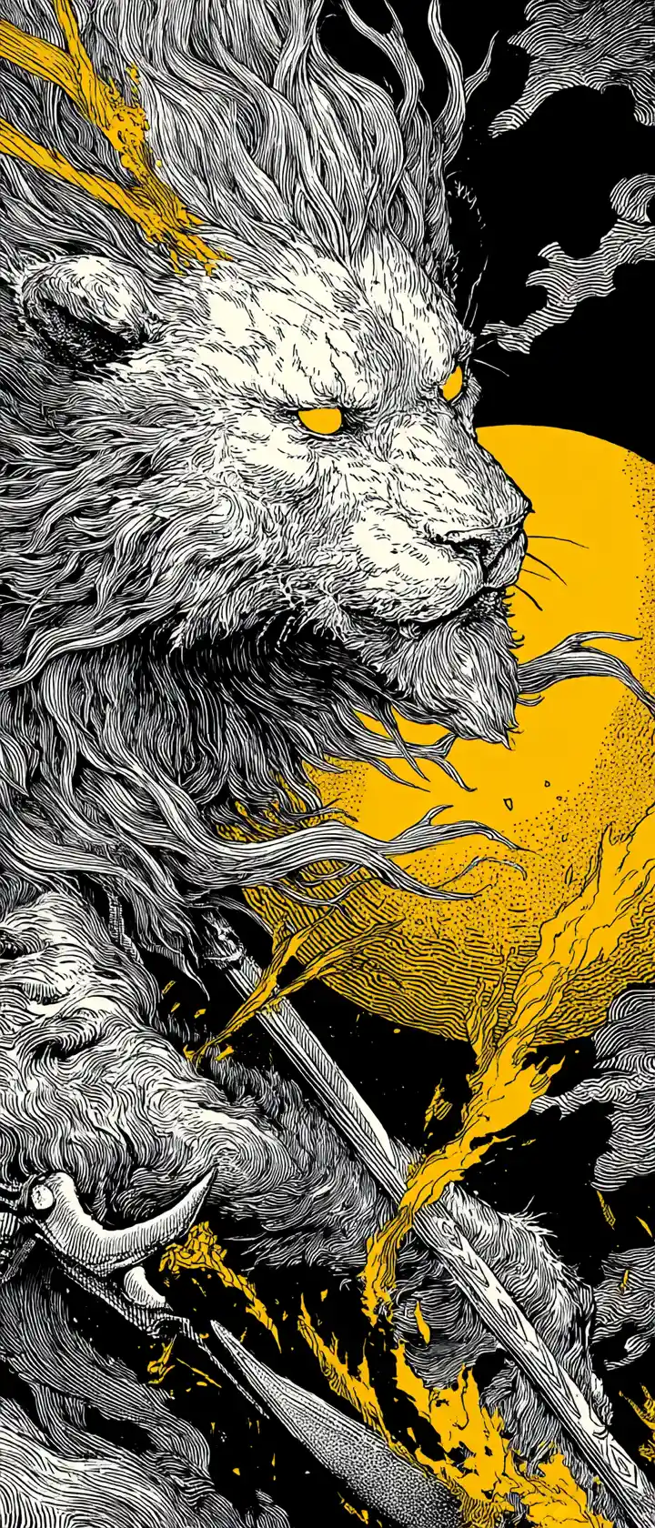 Manga style lion in silver charcoal and amber tones
