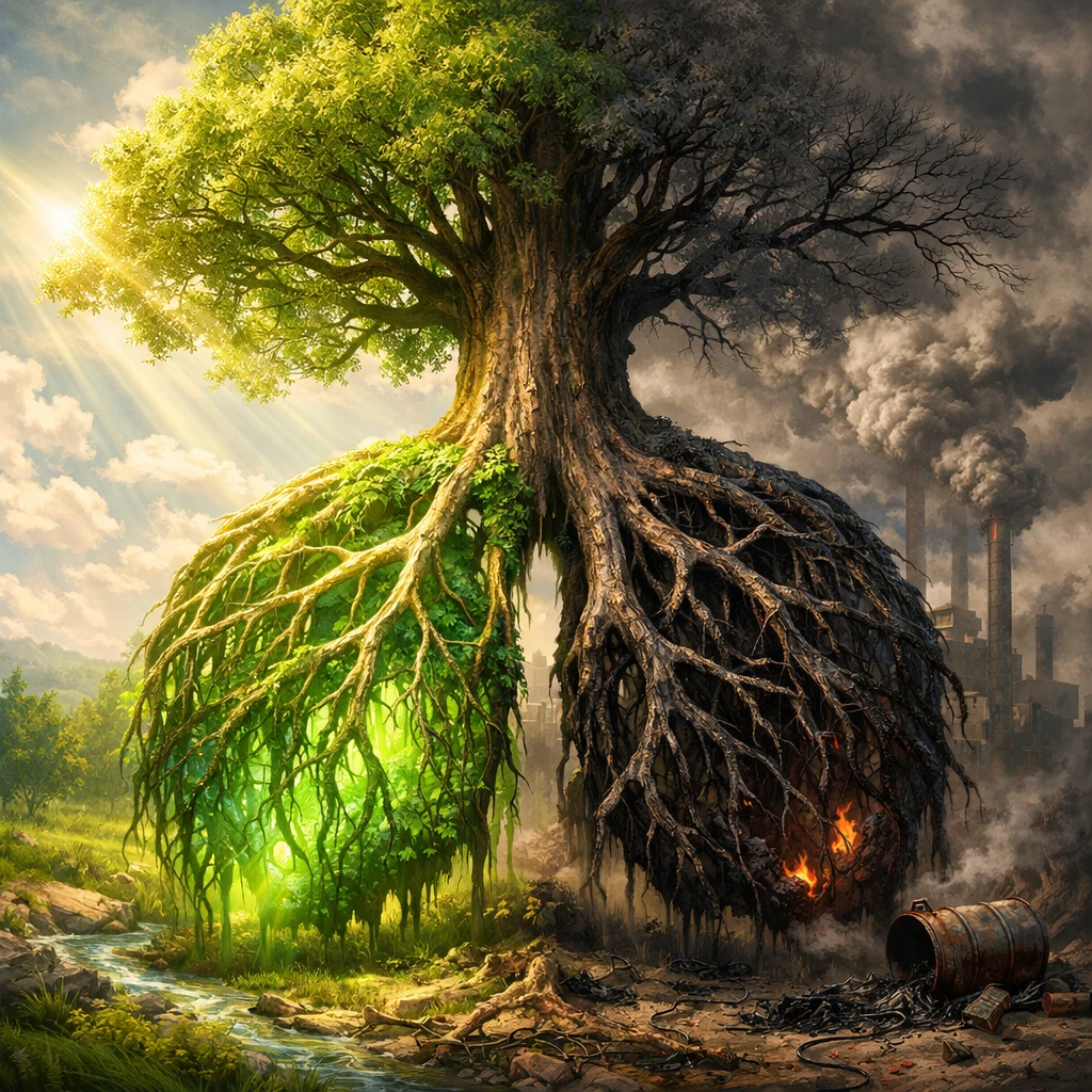 Arbre surréaliste aux racines en forme de poumons et à la vie divisée