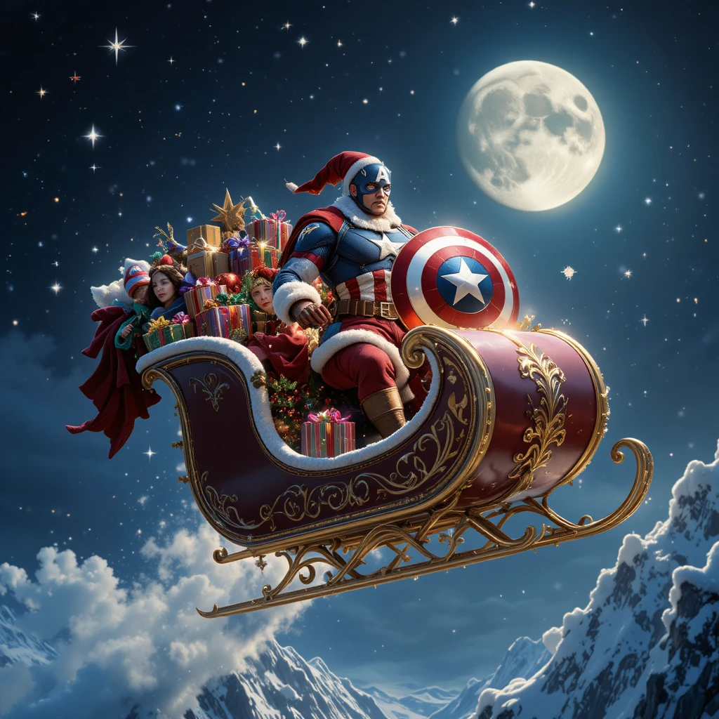 Superhelden-Weihnachtsmann im Schlitten über dem Nachthimmel
