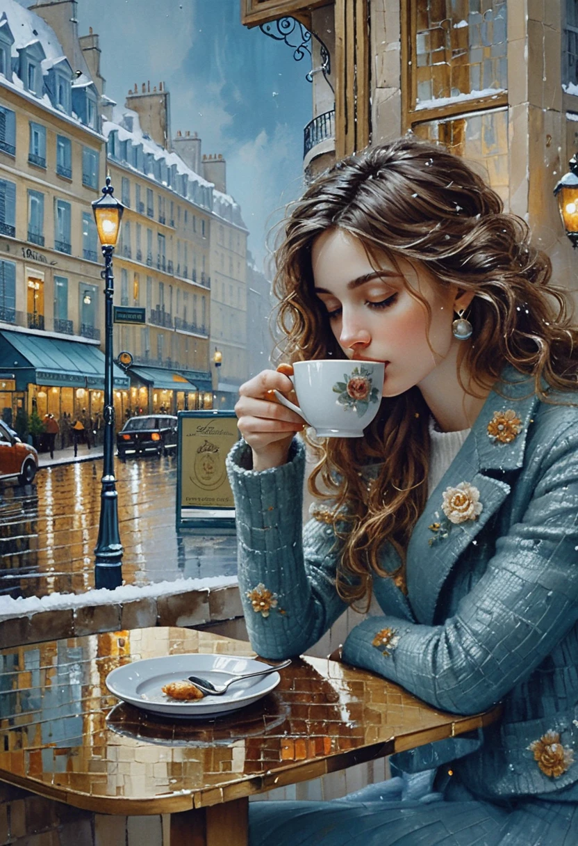 Pensive young woman in a snowy Parisian cafe painting