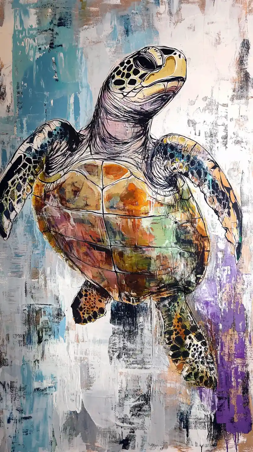 Abstract sea turtle painting with flowing soft pastel colors