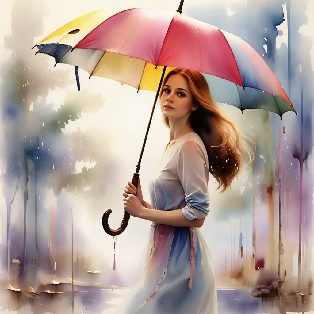 Watercolor girl with rainbow umbrella in gentle rain