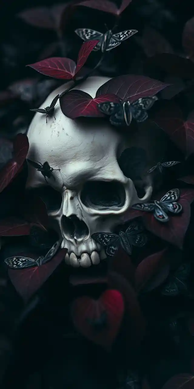 Calavera humana con polillas y hojas oscuras en forma de corazón