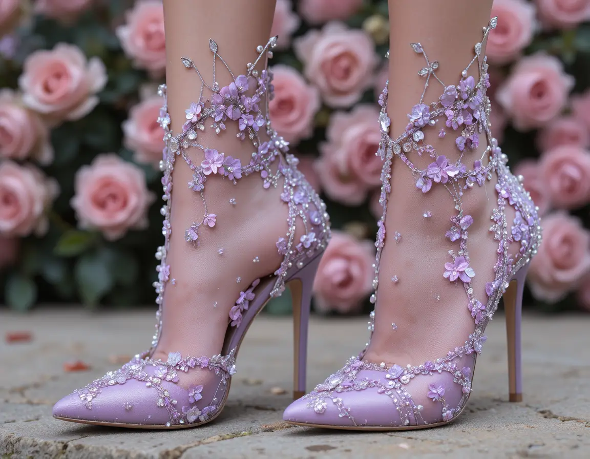 Purple floral high heel boots among soft pink roses