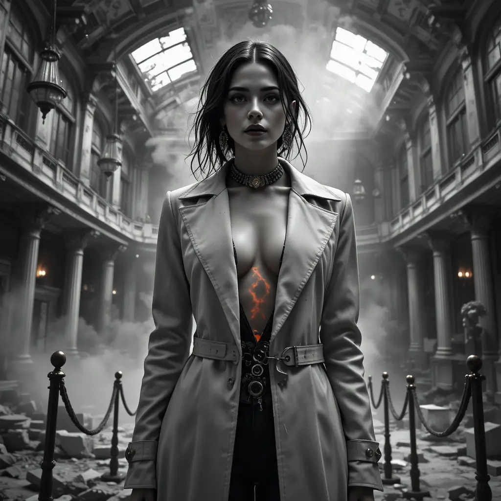 Noir woman in ruined opera house foyer with crimson accents