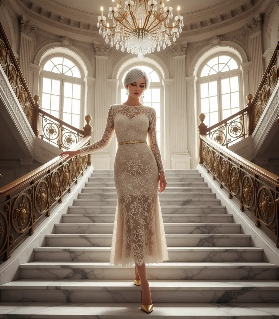 Elegant woman on grand marble staircase in historic mansion
