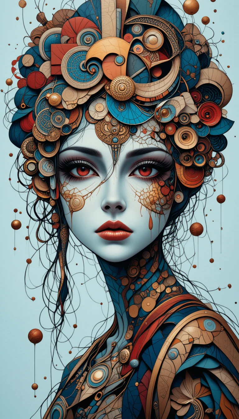 Surreal cyan female portrait in intricate collage patterns