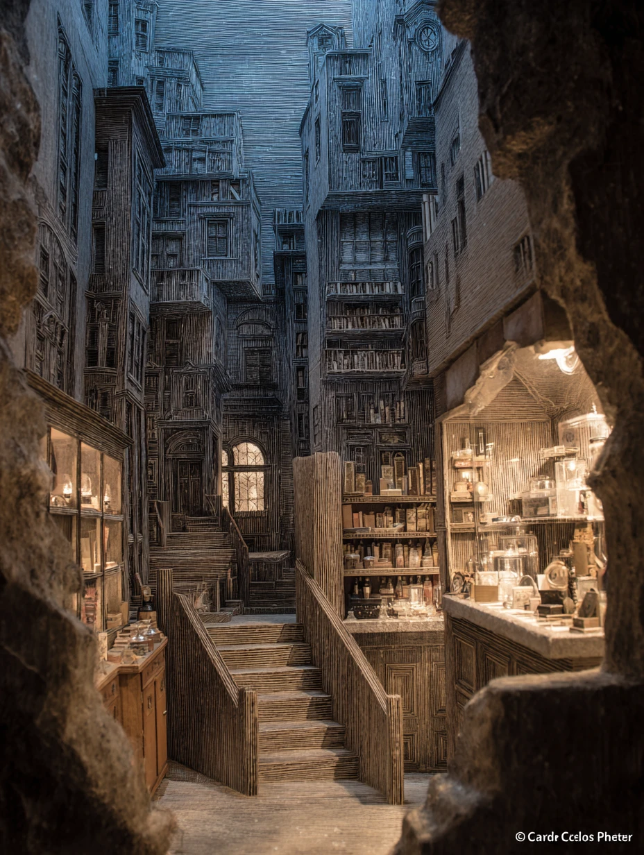 Layered paper box artwork with dramatic spatial depth