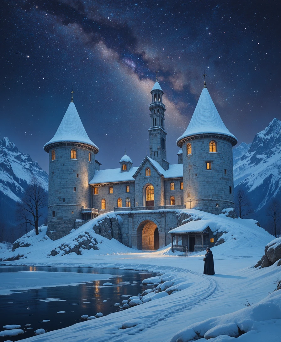 Fortaleza monasterio cubierta de nieve bajo un cielo invernal resplandeciente