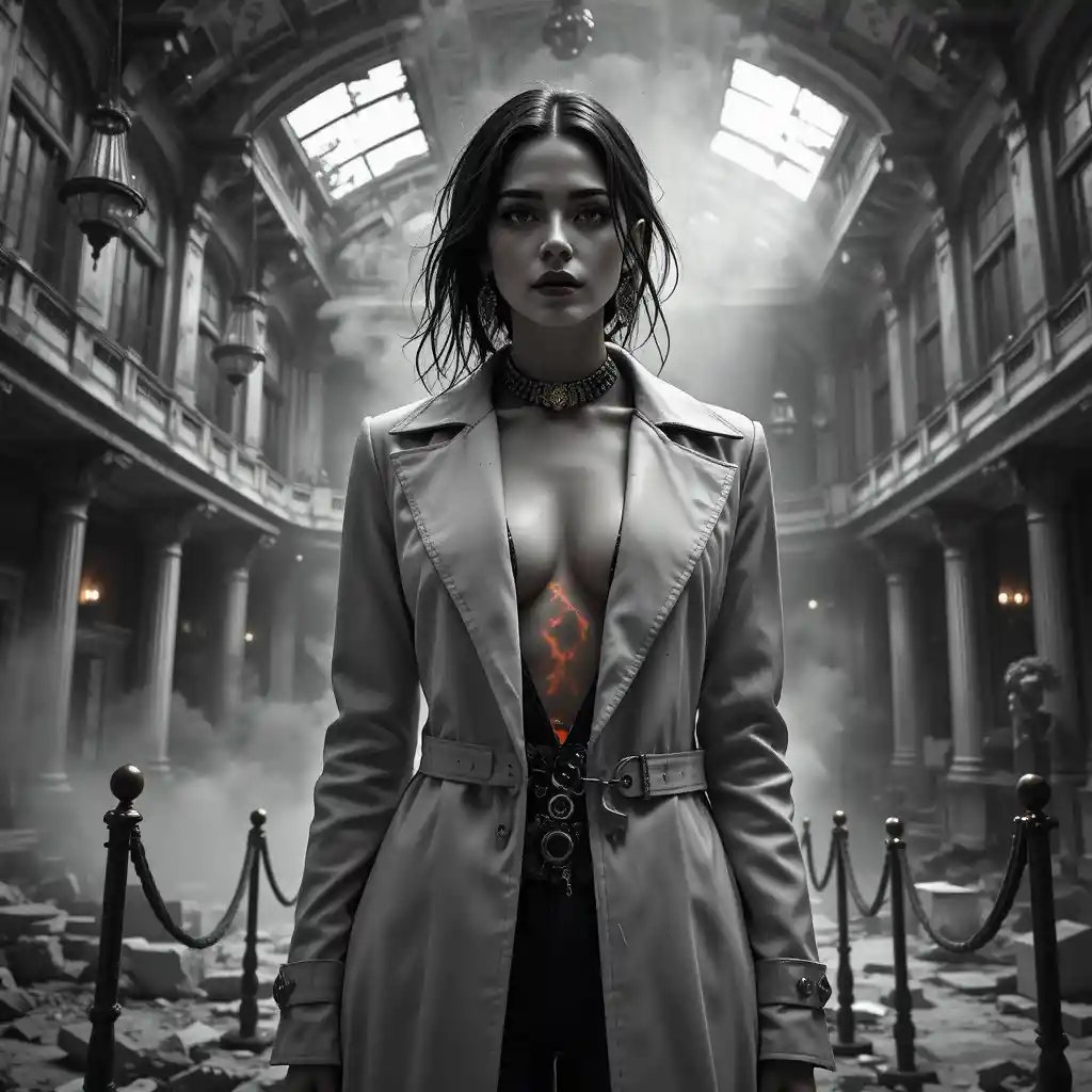 Noir woman in ruined opera house foyer with crimson accents