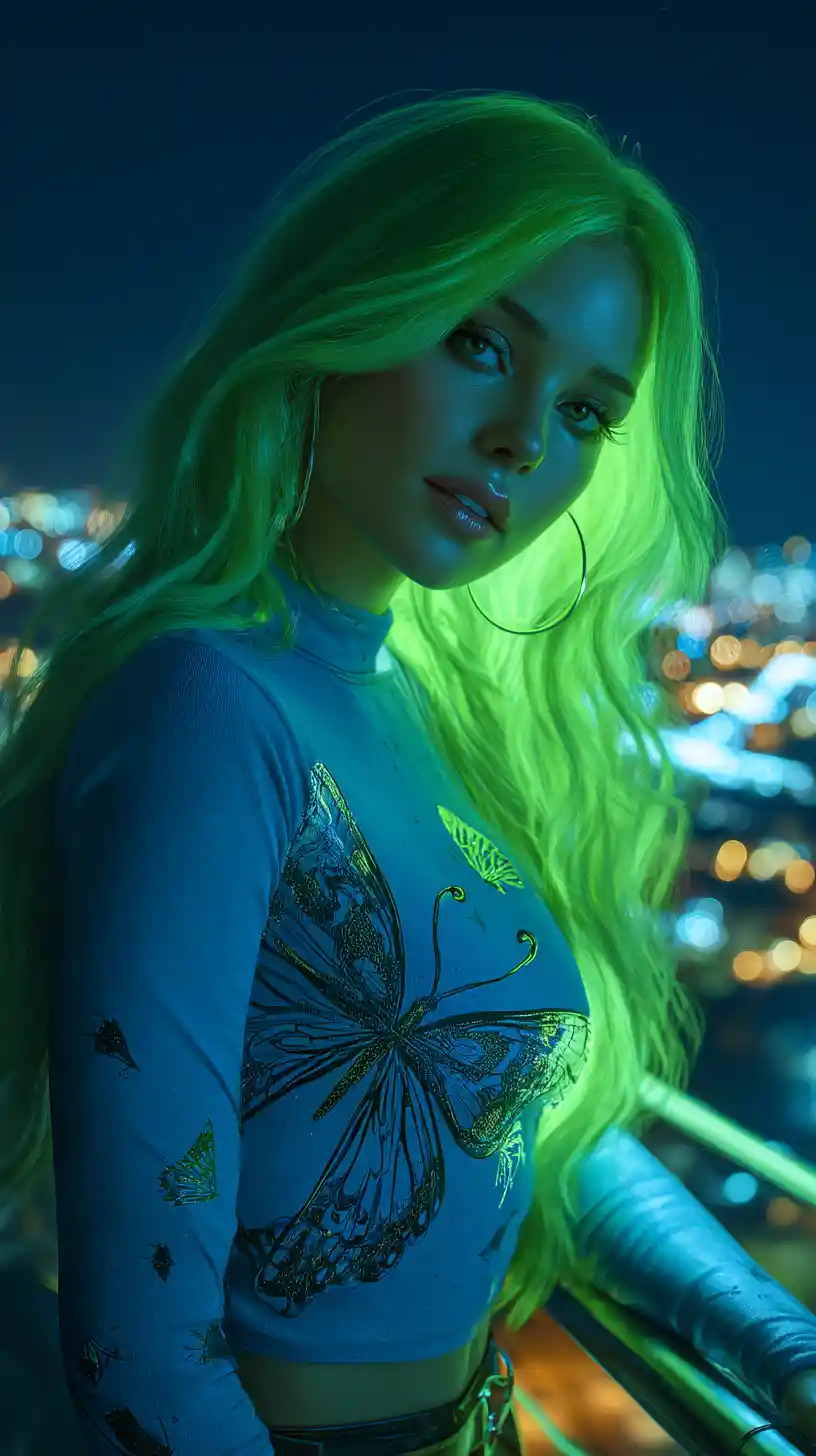 Young woman with neon green hair on a moody rooftop