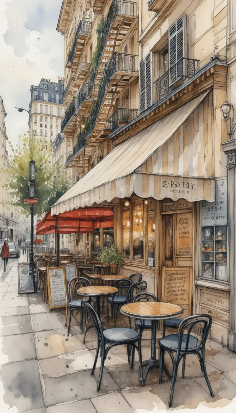 Straßencafé in Paris mit detaillierter architektonischer Aquarell-Illustration