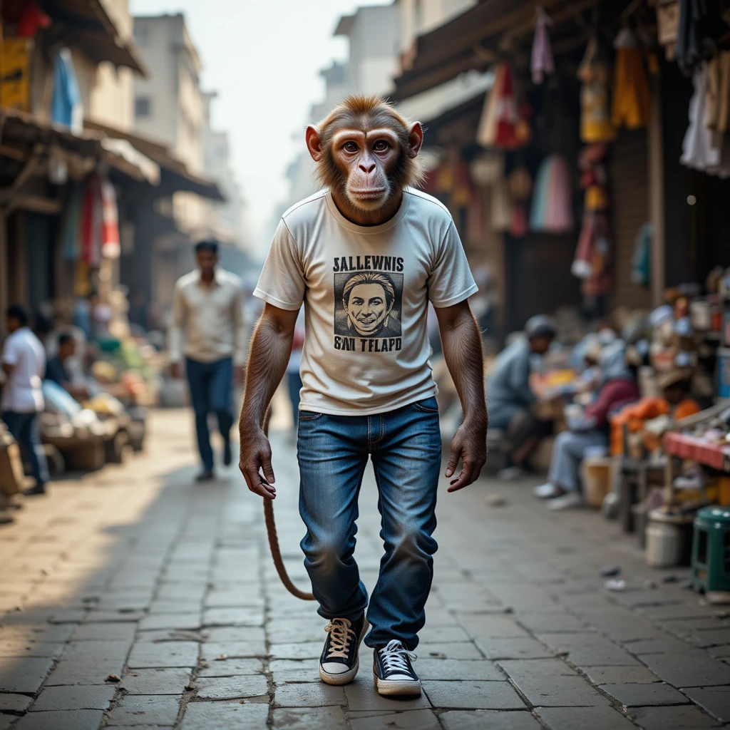 Macaco com roupas humanas caminhando por mercado de rua na Índia