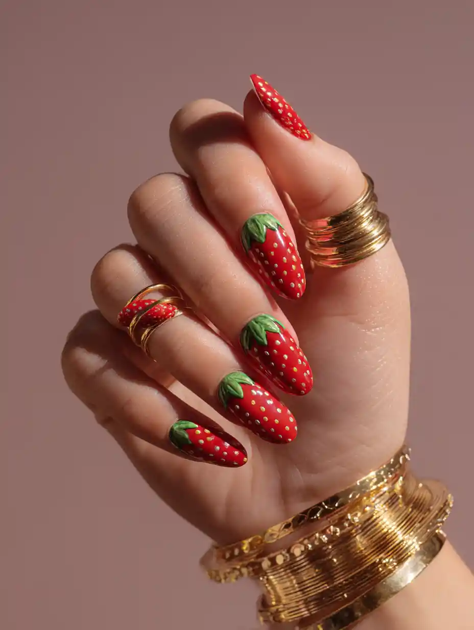 Close up of strawberry inspired fantasy nail art and gold jewelry