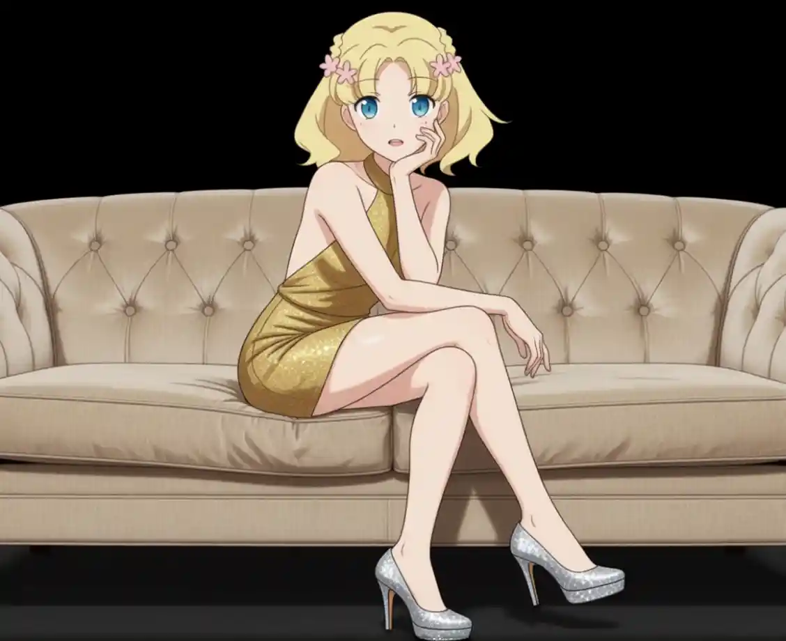 Woman in golden top seated on sofa leaning forward