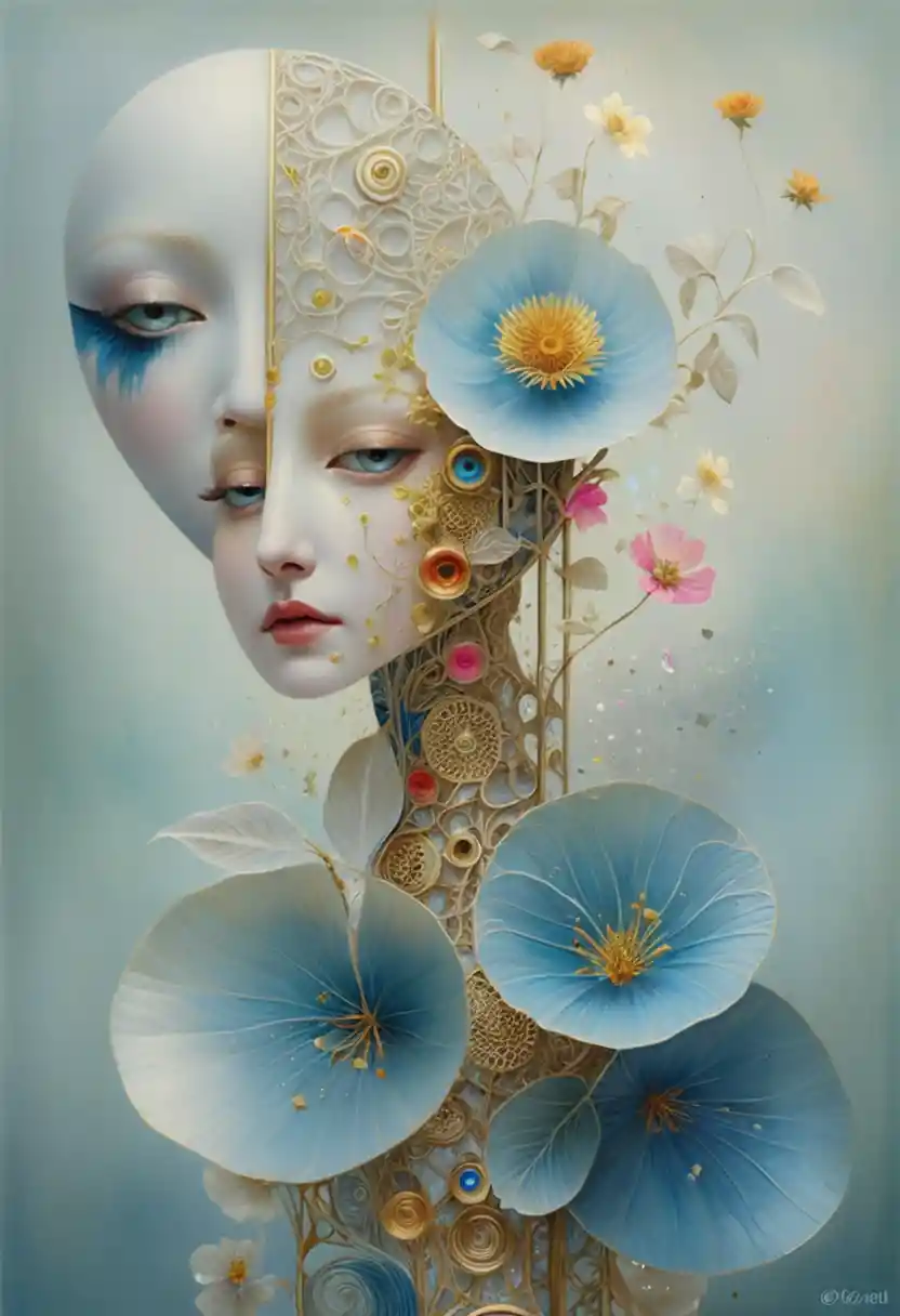 Surreal split portrait of an ethereal woman with floral crown