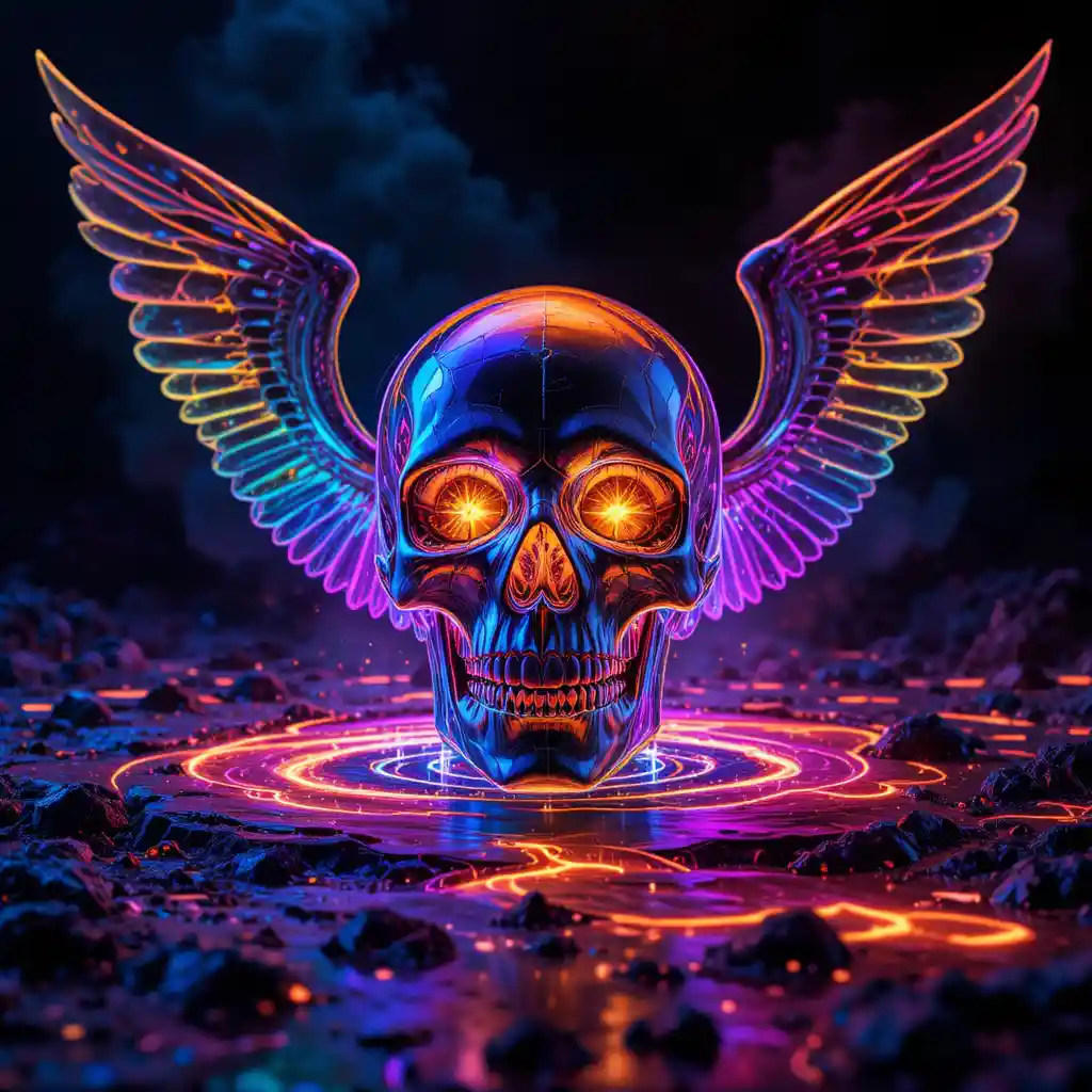 Crystal skull with neon wings above molten lava lake