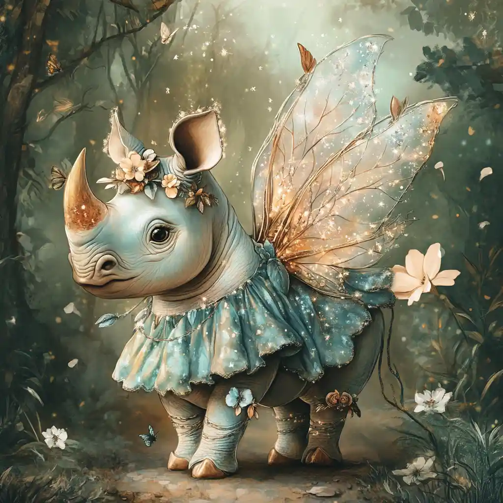 Cute rhinoceros fairy in a magical enchanted forest