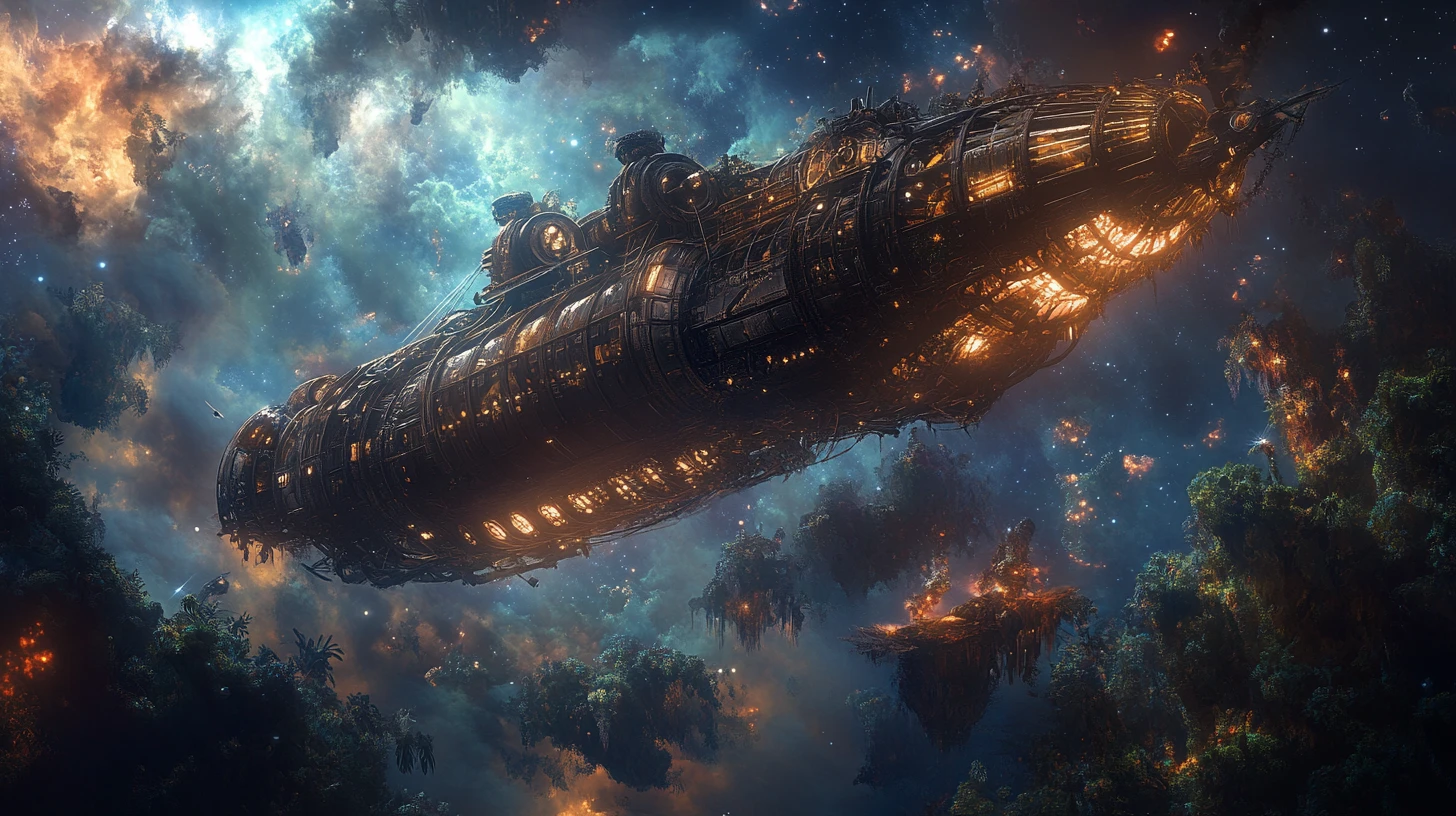 Steampunk airship above a swirling nebula sky