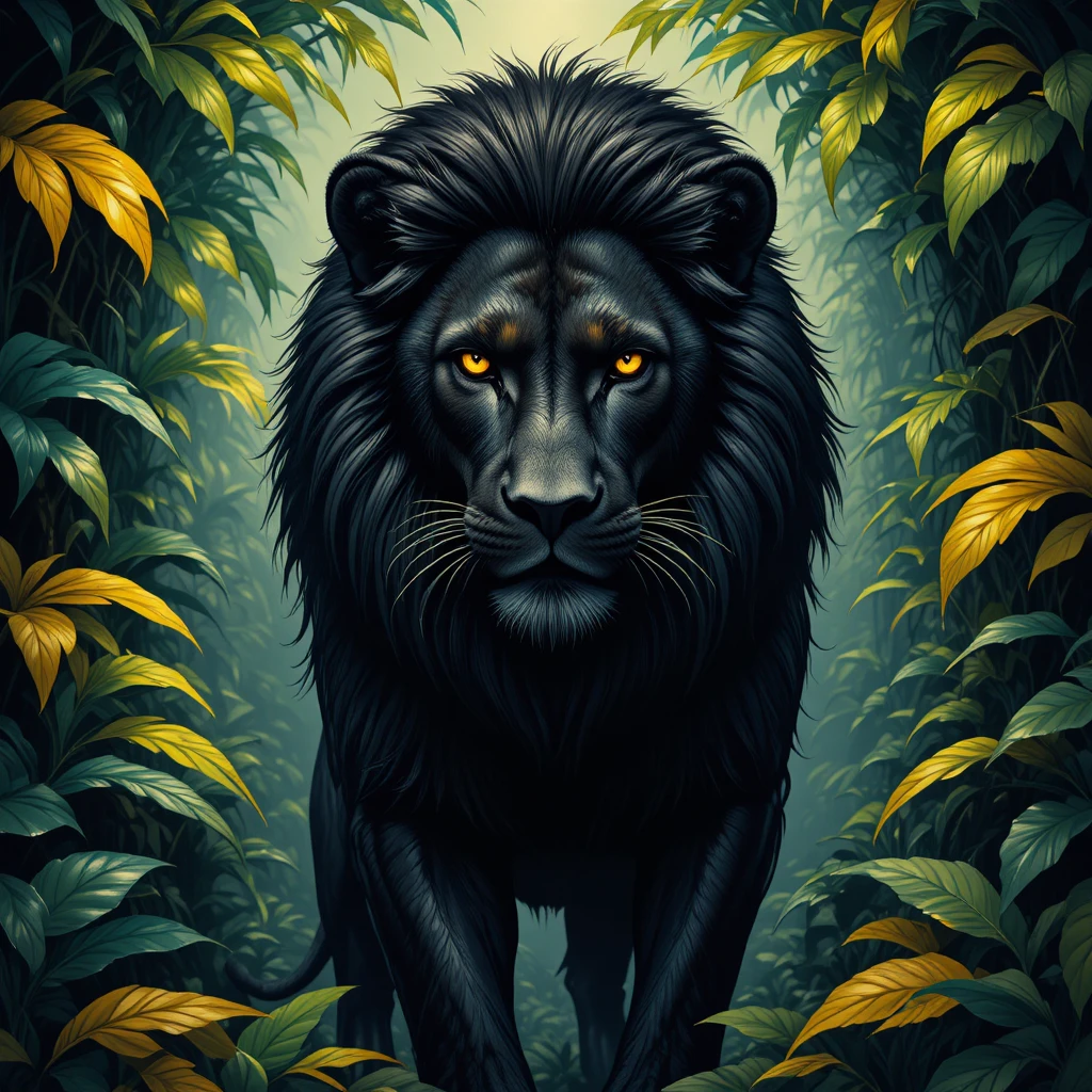 León negro con ojos dorados en una jungla exuberante