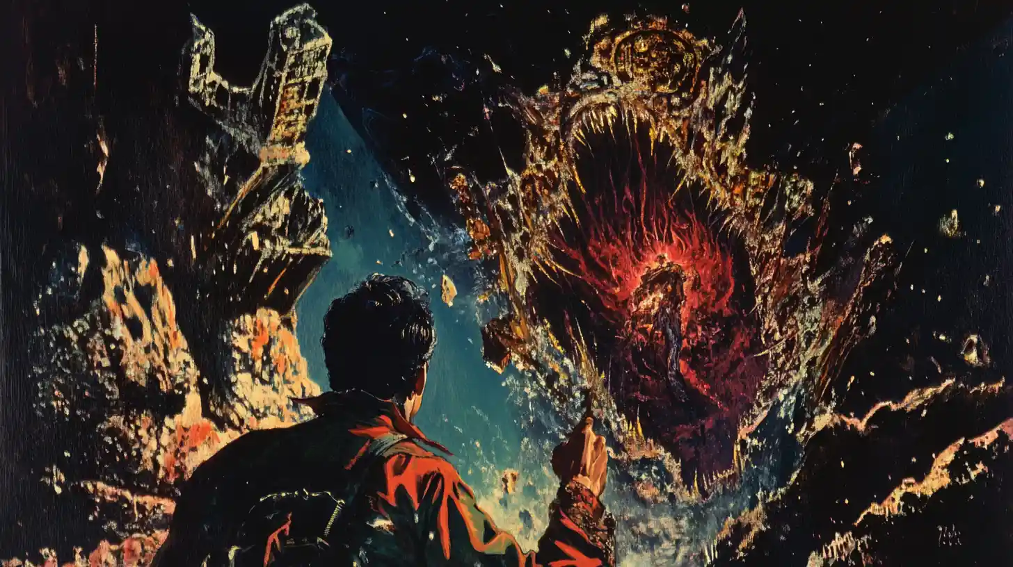 Dark sorcerer in vintage pulp fantasy illustration