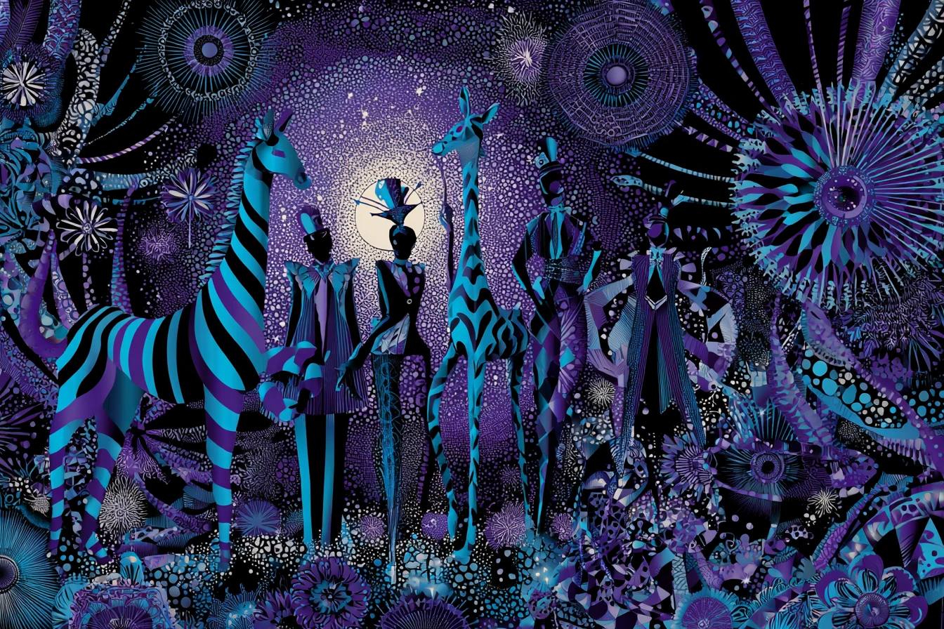 Circo notturno viola e verde teal con atmosfera di carnevale gotico