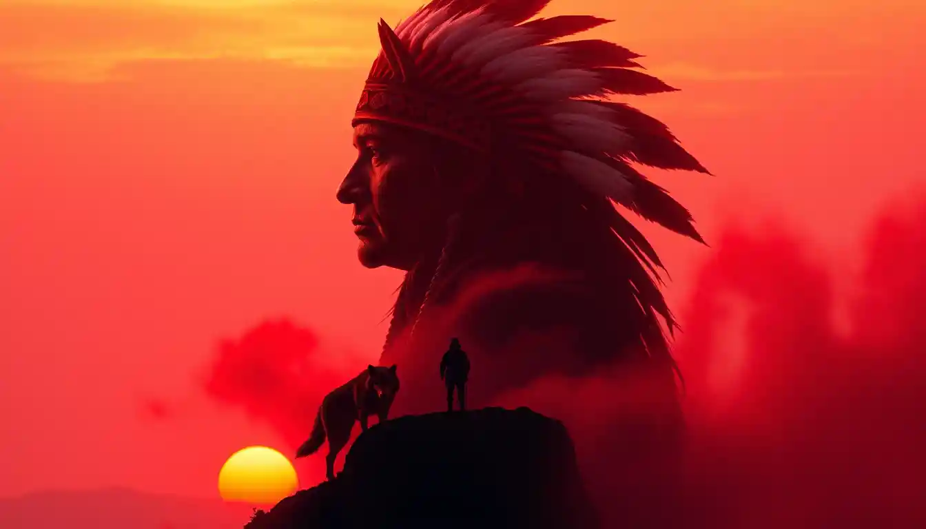 Silhouette di sciamano nativo americano con visione di lupo spirito