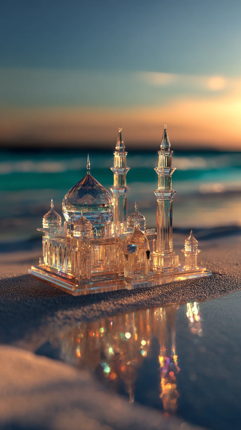 Mezquita de cristal brillando junto al mar en la hora dorada