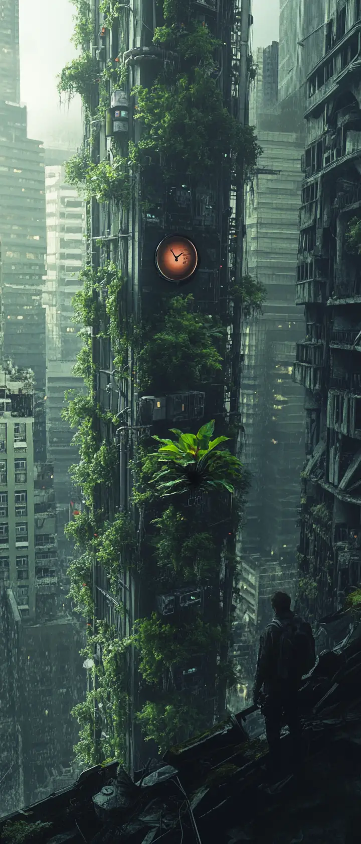 Survivor tending hydroponic plants in a ruined skyscraper