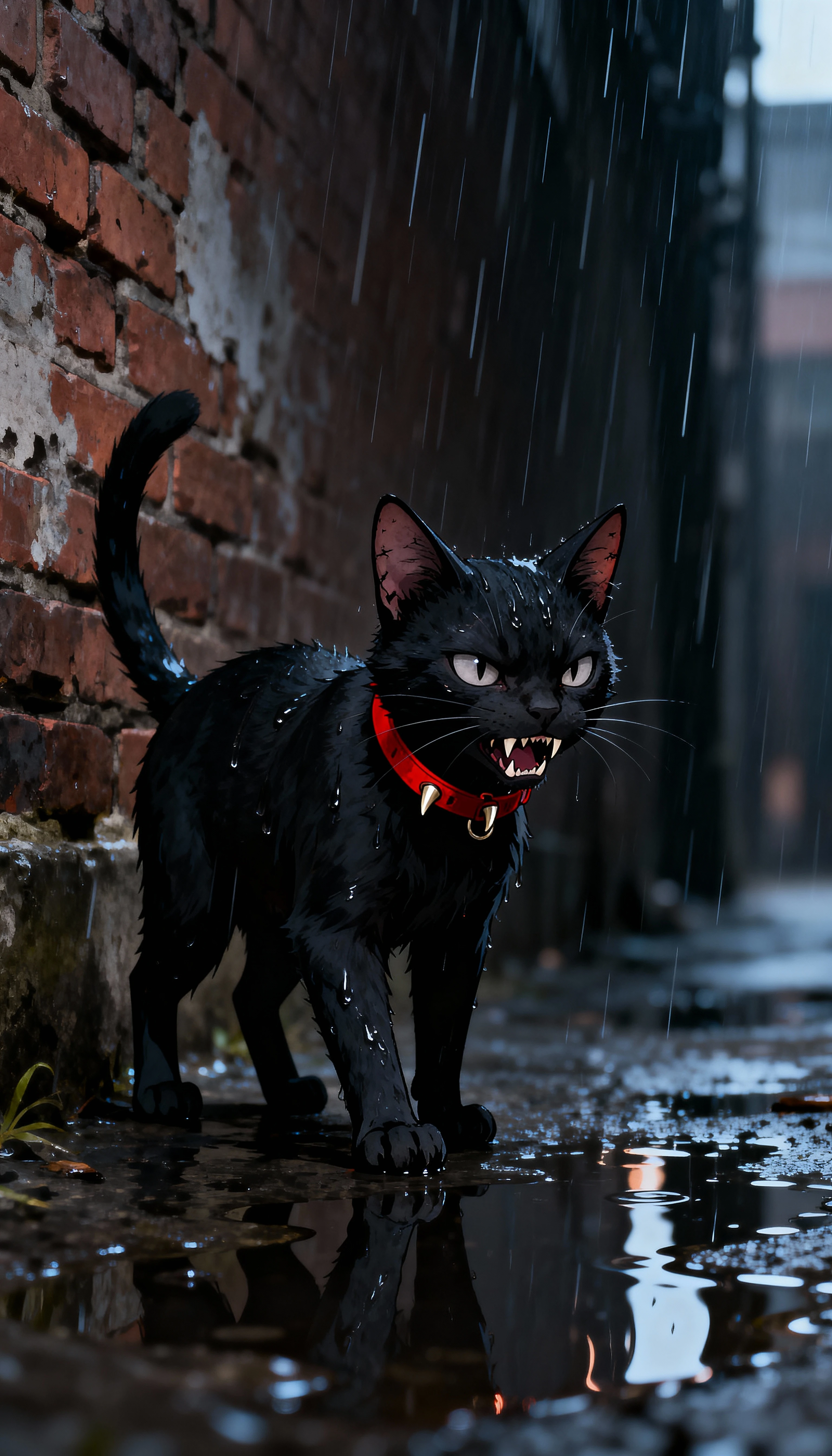 Gato negro amenazante de anime en un callejón urbano lluvioso