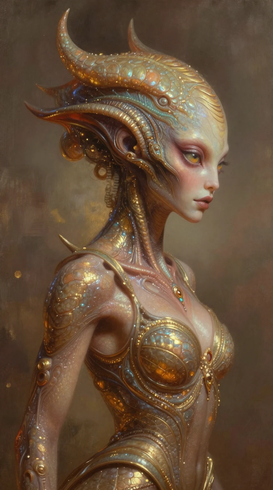Alien empress profile with shimmering warm scaly skin