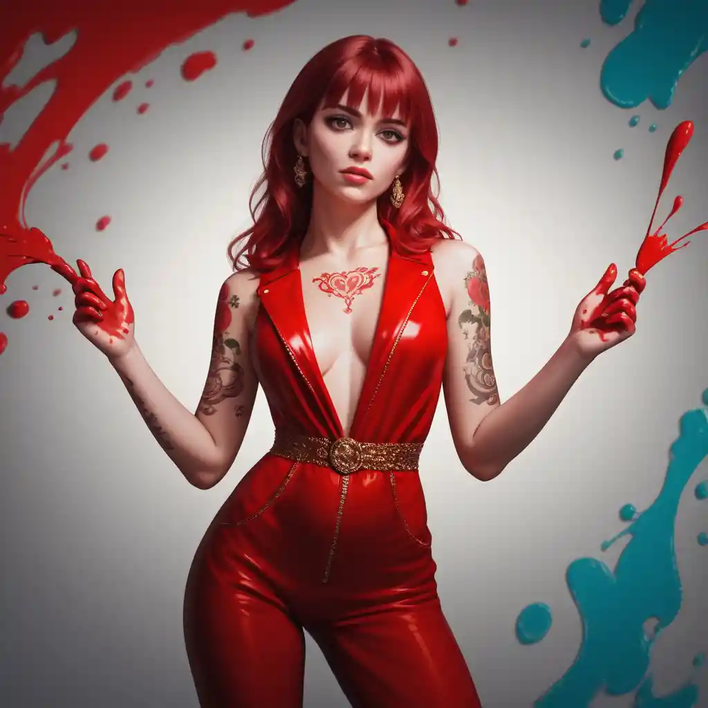 Elegant red haired woman in designer jumpsuit in kitchen