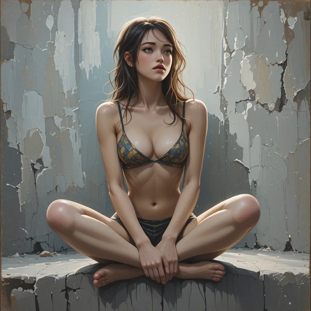Young woman sitting cross legged on a stone wall