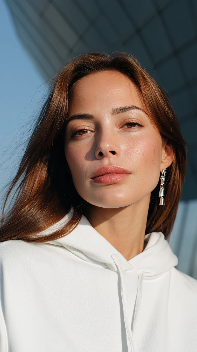 Elegant young woman in white hoodie fashion portrait