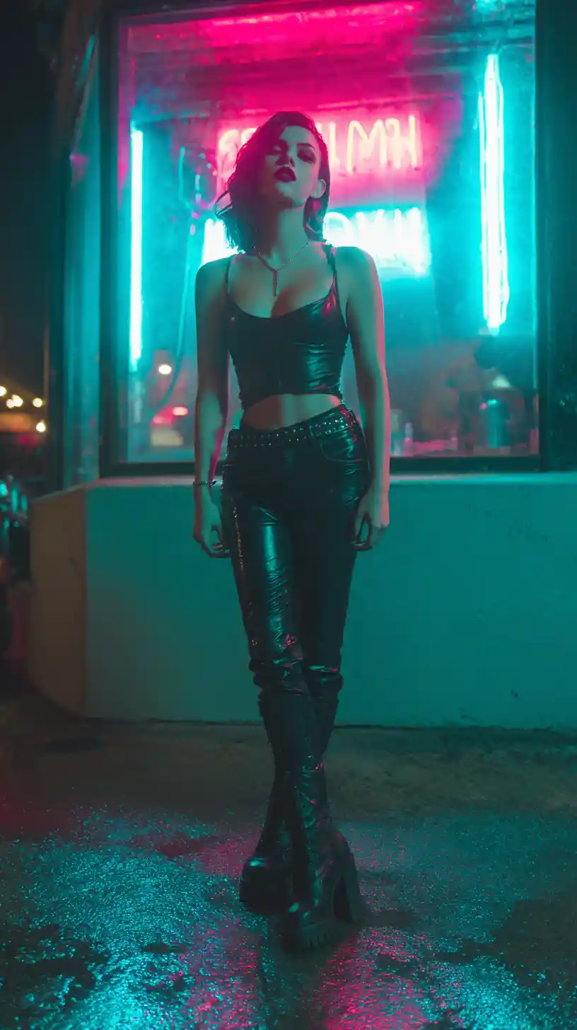 Defiant woman in neon light on a wet city street
