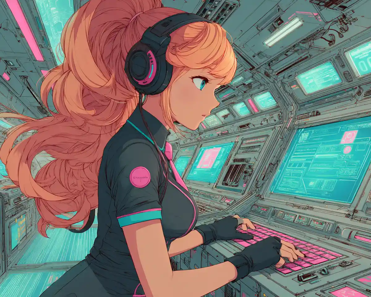 Anime operator at neon lit spaceship control bay