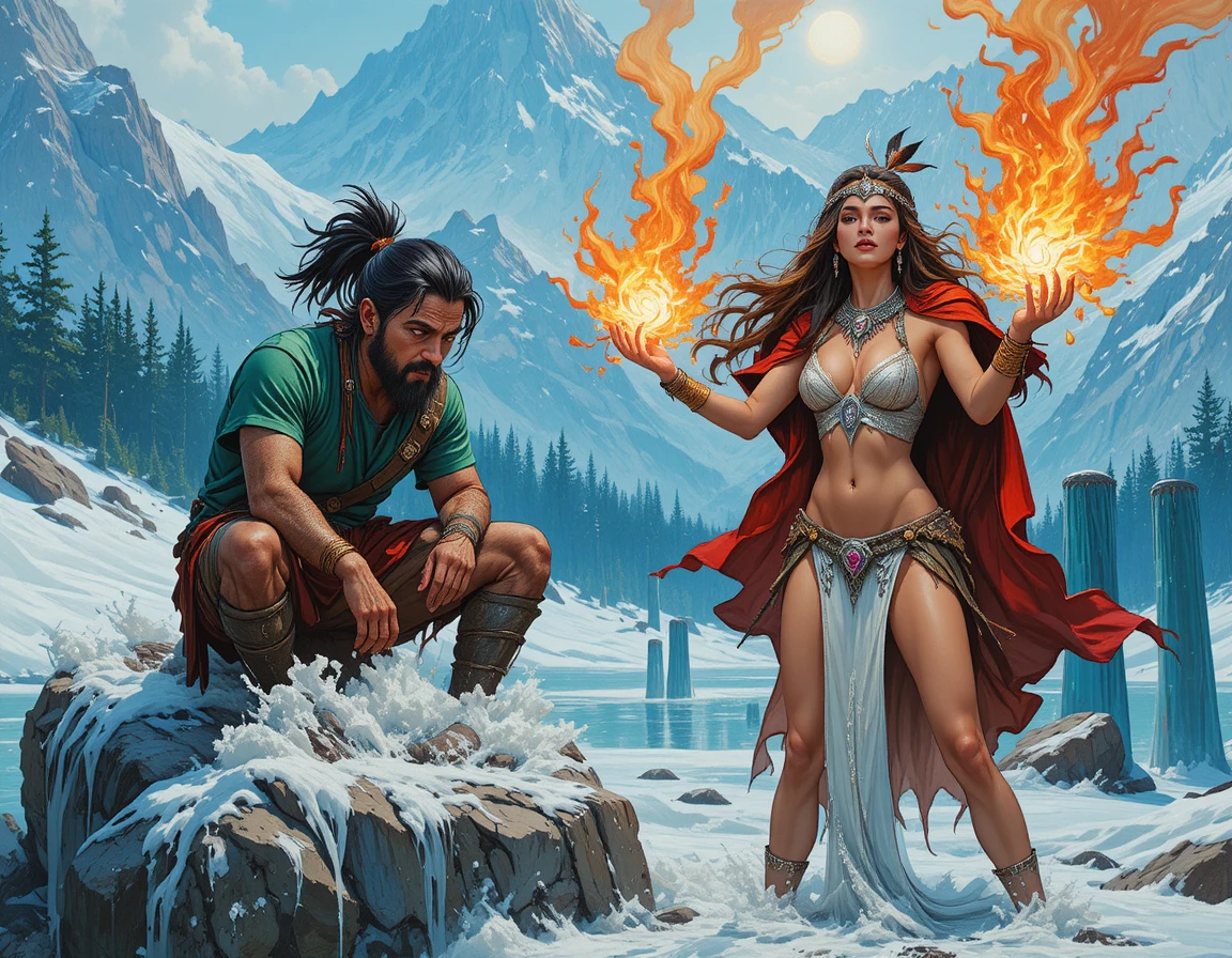 Native warrior meltdown on icy rock in snowy mountains