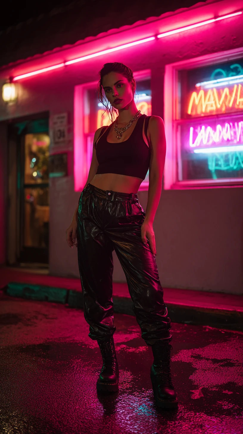 Strong urban woman under neon lights on wet city street