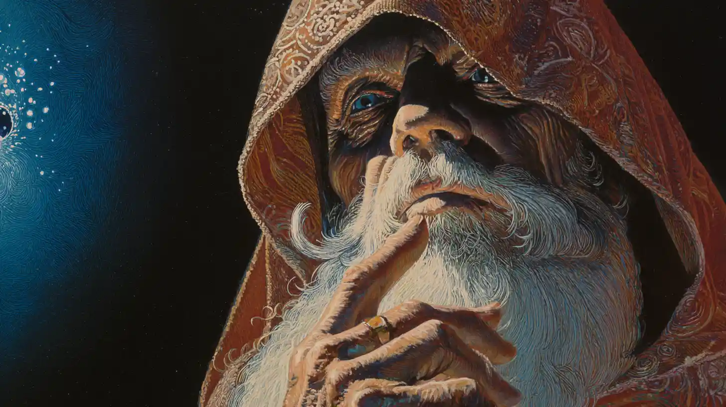Vintage pulp style sorcerer shrouded in mysterious darkness