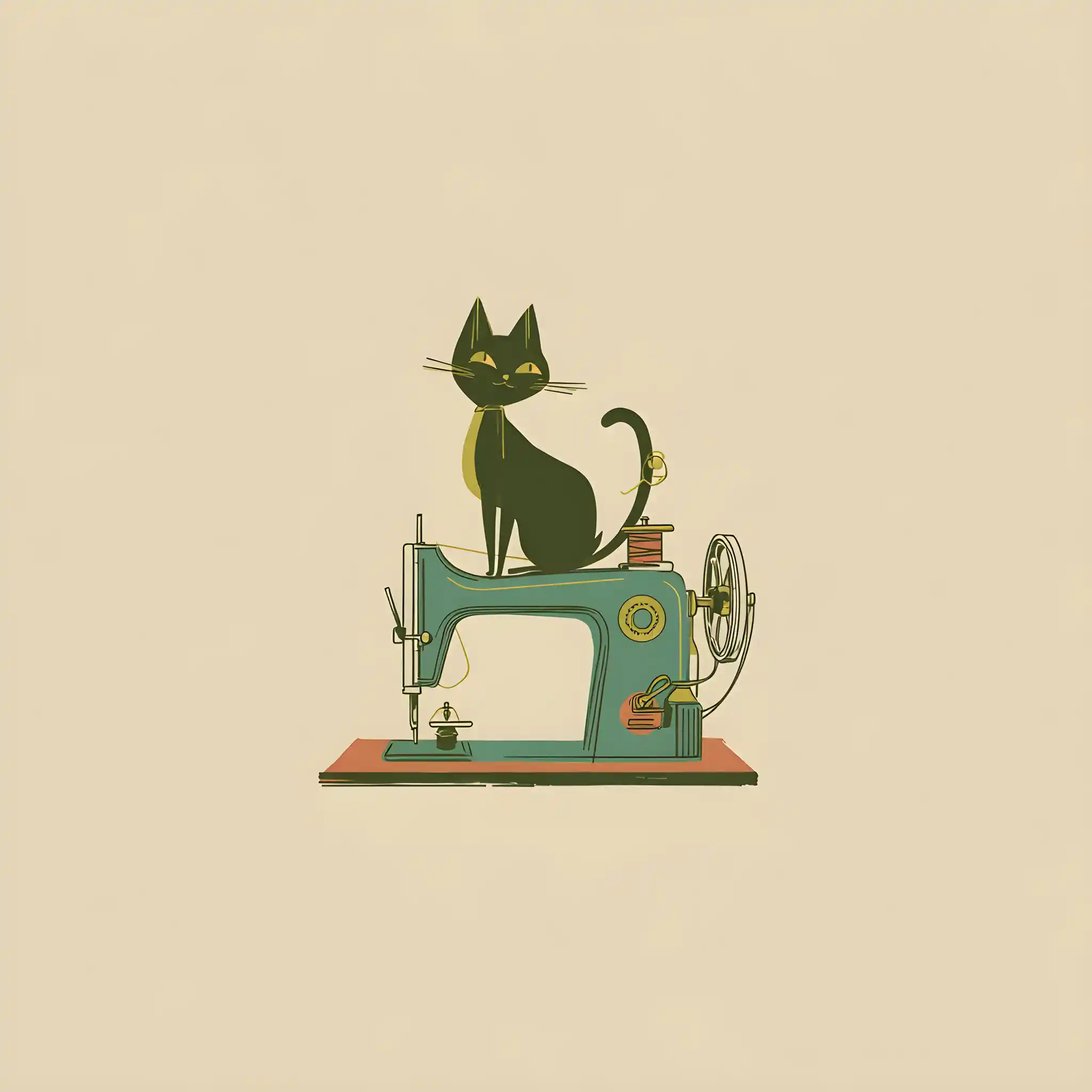 Logo de gato retro sentado sobre una máquina de coser vintage