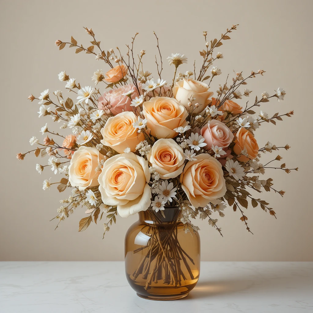 Ramo de flores romántico en un jarrón de vidrio ámbar sobre fondo pastel