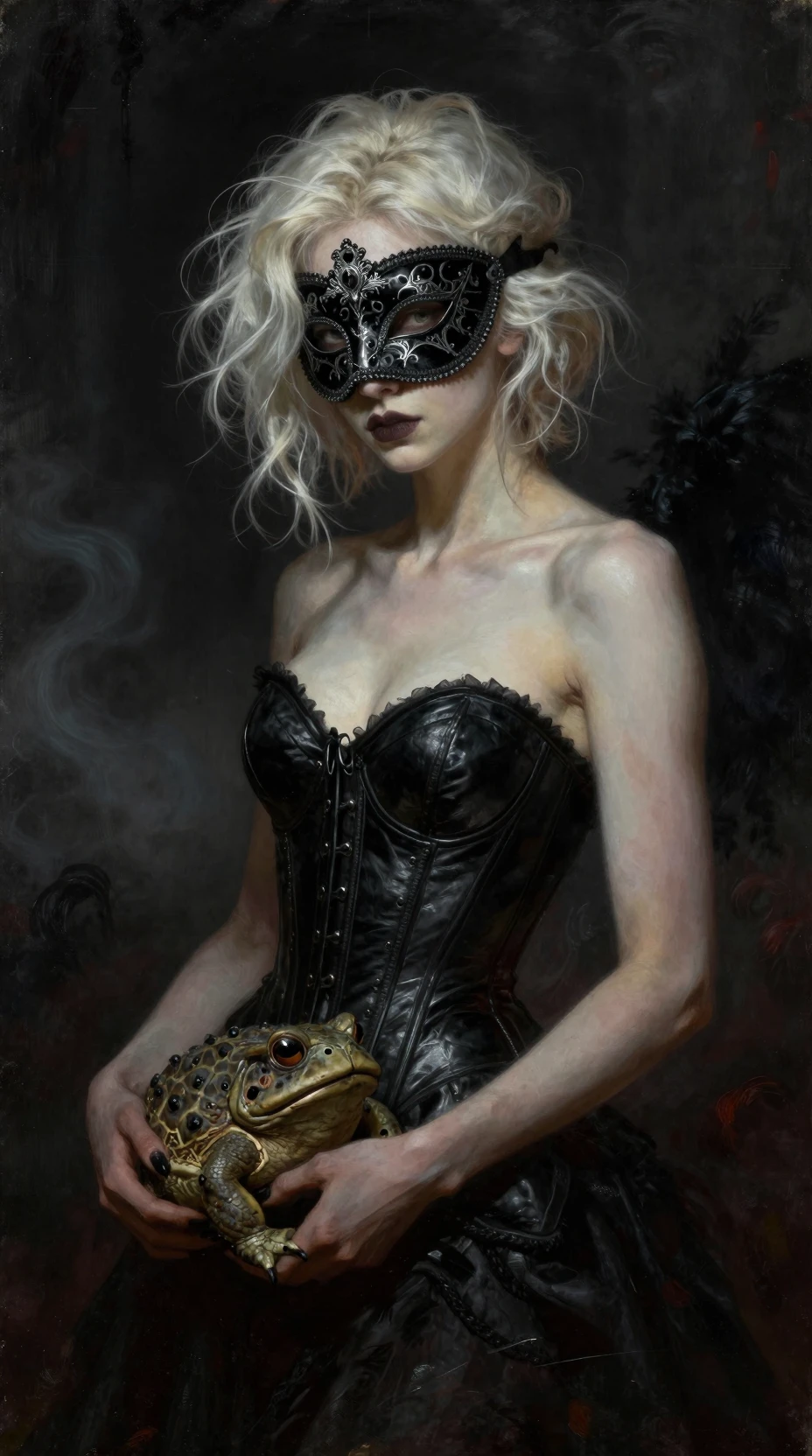 Masked gothic woman holding a toad in swirling shadows