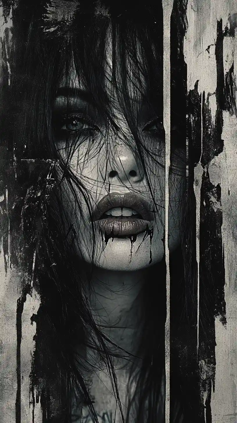 Woman with dripping paint over face in monochrome portrait