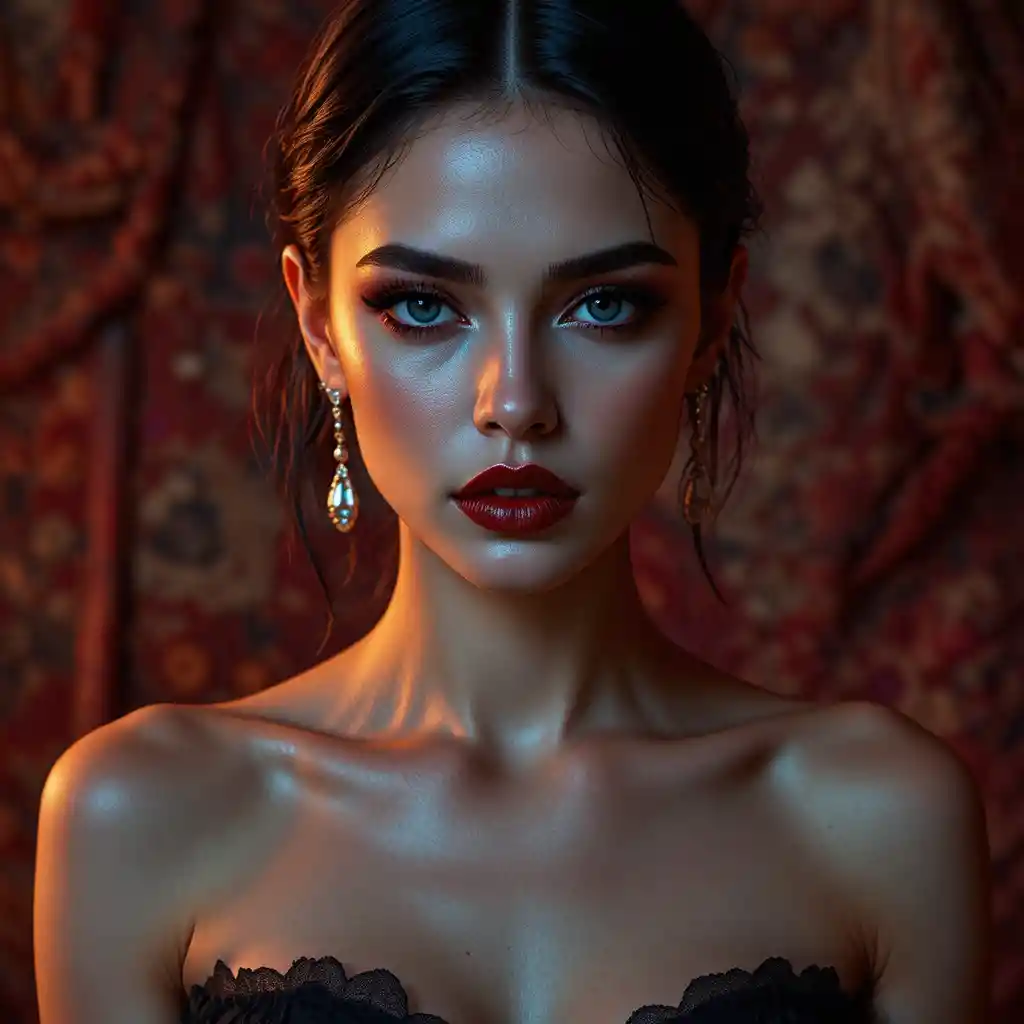 艶やかなドレスをまとった女性の官能的なファッションポートレート
