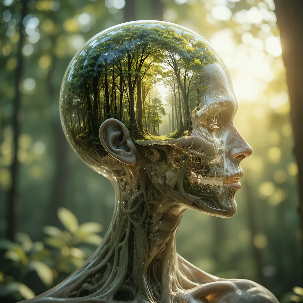 Ethereal woman with a lush forest inside her translucent skull