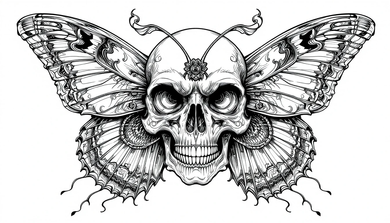 Arte lineare di farfalla gotica con teschio per colorare per adulti